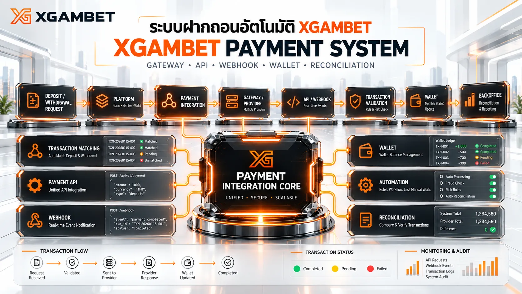 ระบบฝากถอนอัตโนมัติ XGAMBET แสดงขั้นตอนฝาก ถอน ตรวจสอบรายการ และปรับยอดกระเป๋าเงิน