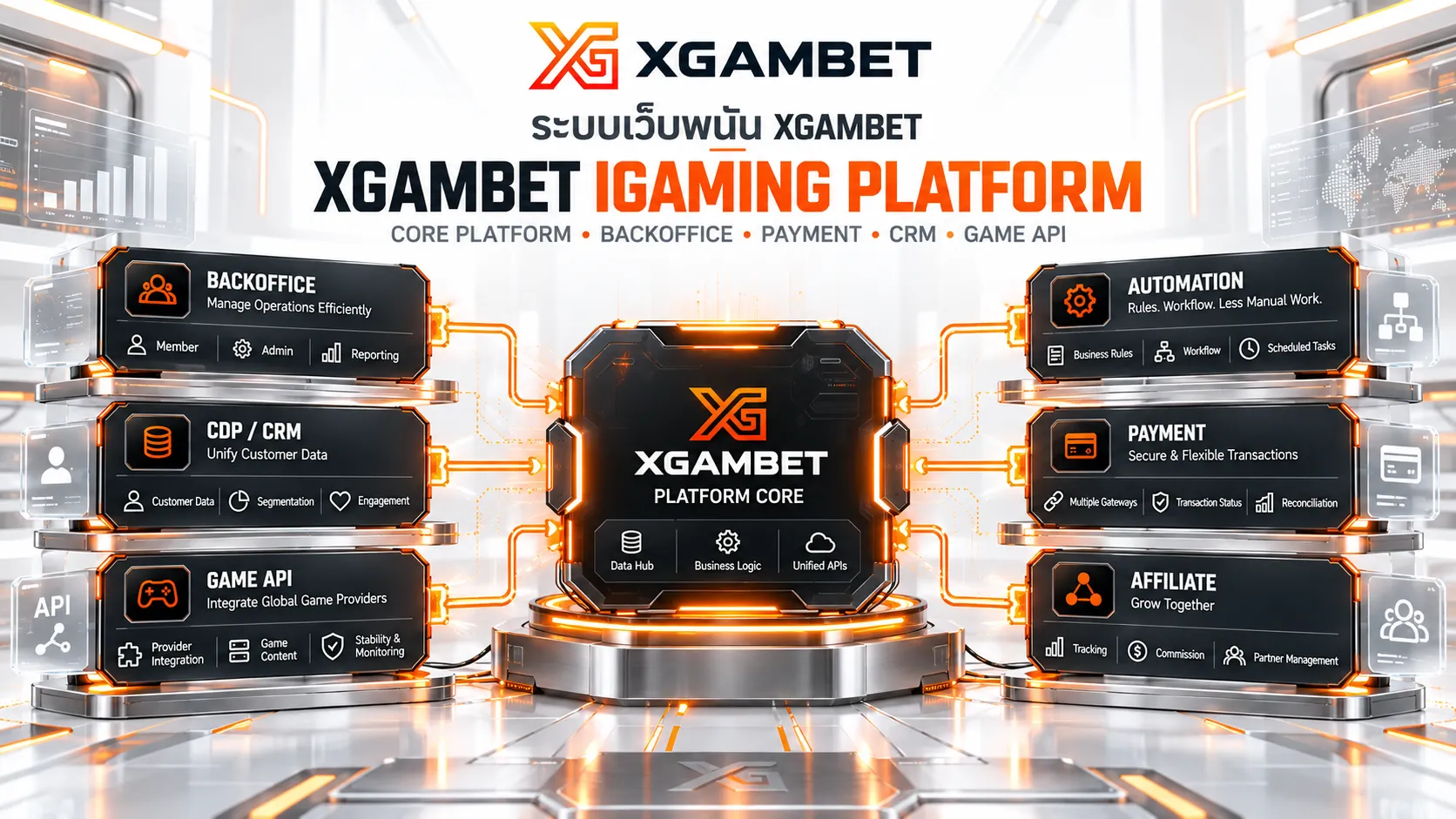 ระบบเว็บพนัน XGAMBET มี Platform เป็นแกนกลาง เชื่อมระบบหลังบ้าน ฝากถอน CDP Affiliate ระบบออโต้ และ Game API